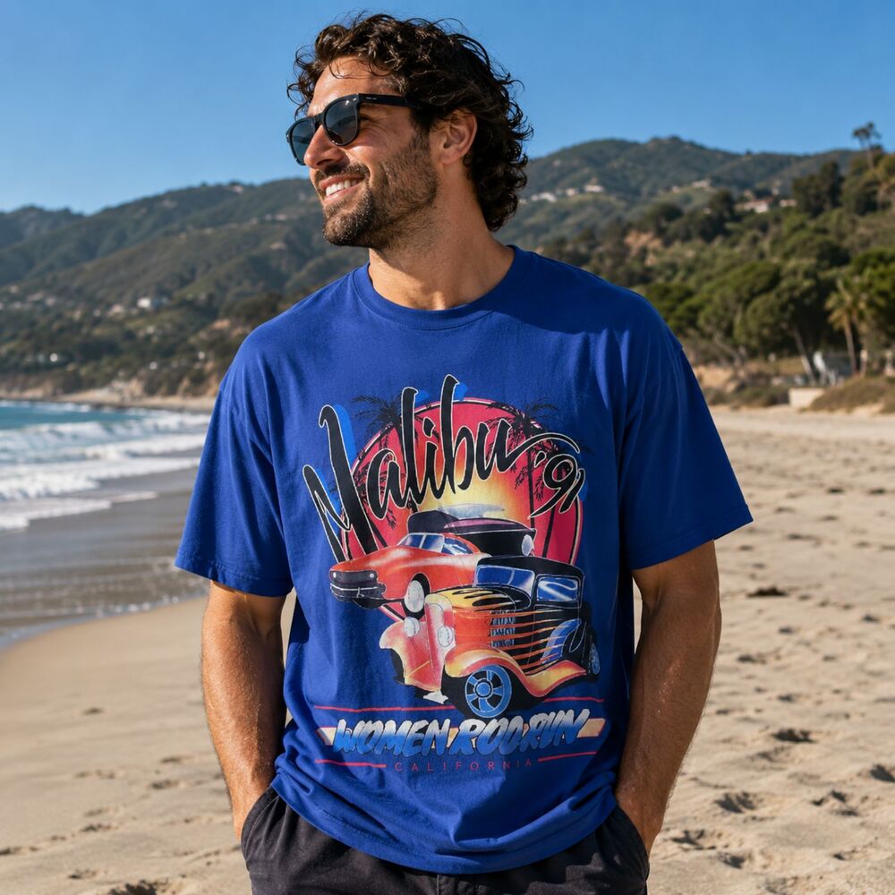 Retro Vintage T-Shirt Malibu 1991 Women Rod Run Airbrush Cars Beach California